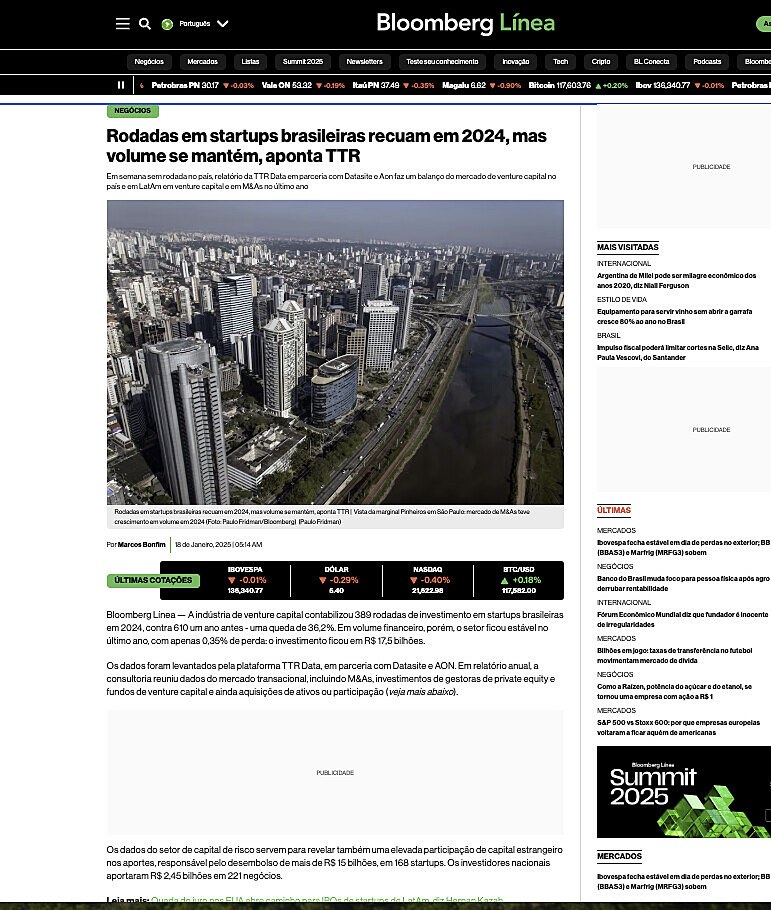 Rodadas em startups brasileiras recuam em 2024, mas volume se mantm, aponta TTR